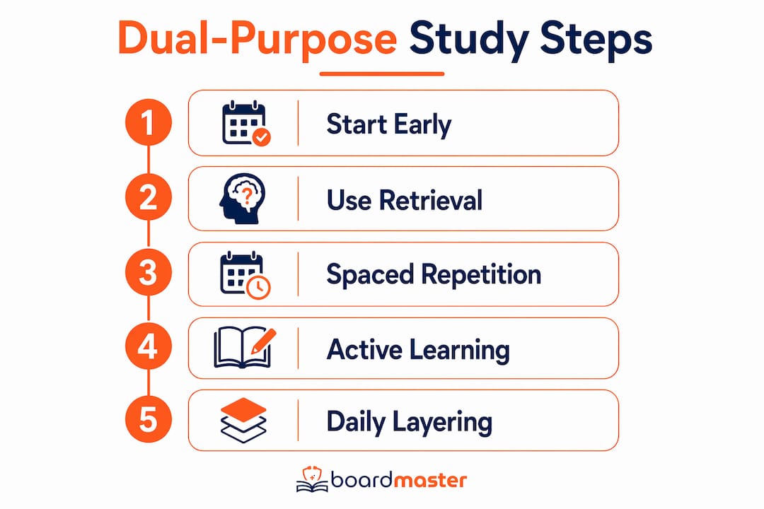 Infographic illustrating five steps for dual-purpose studying