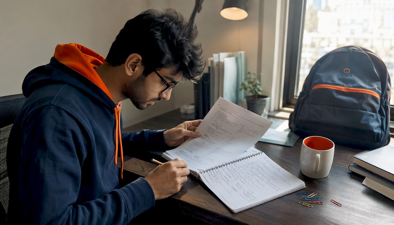 Overhead view of student reviewing Qbank questions