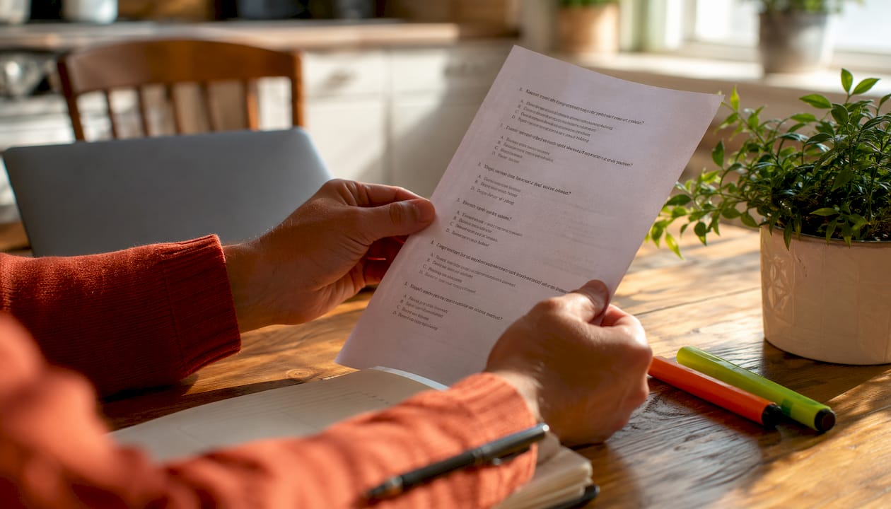 Hands reviewing printed medical questions