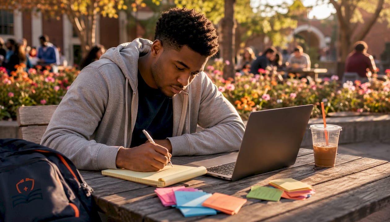 Medical student writing notes reviewing errors at café