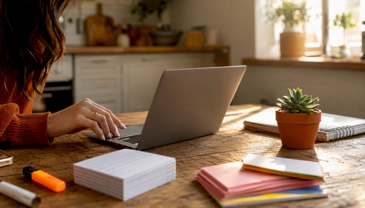 Close-up of laptop and study tools
