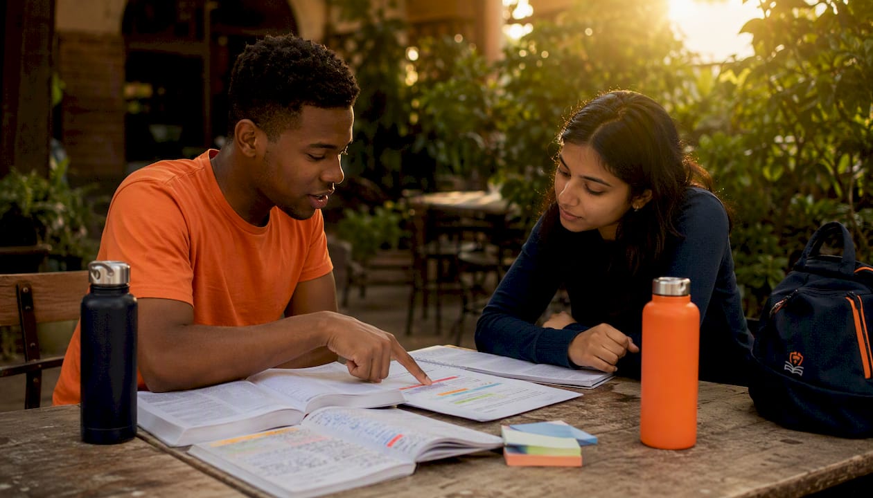 Medical students discussing grading systems at library table