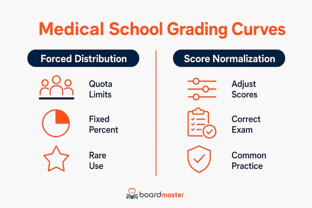 Infographic comparing forced distribution and score normalization grading curves