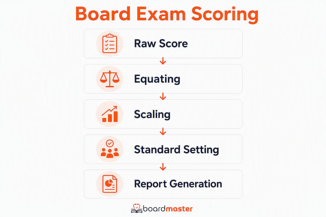 Infographic illustrating board exam scoring process