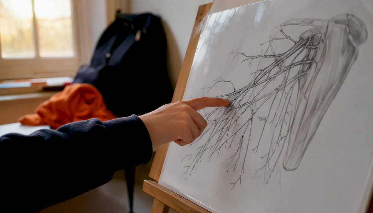 Hand tracing an anatomy diagram of the brachial plexus