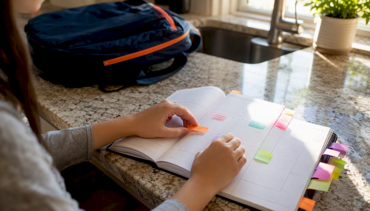 Hands scheduling study sessions in planner