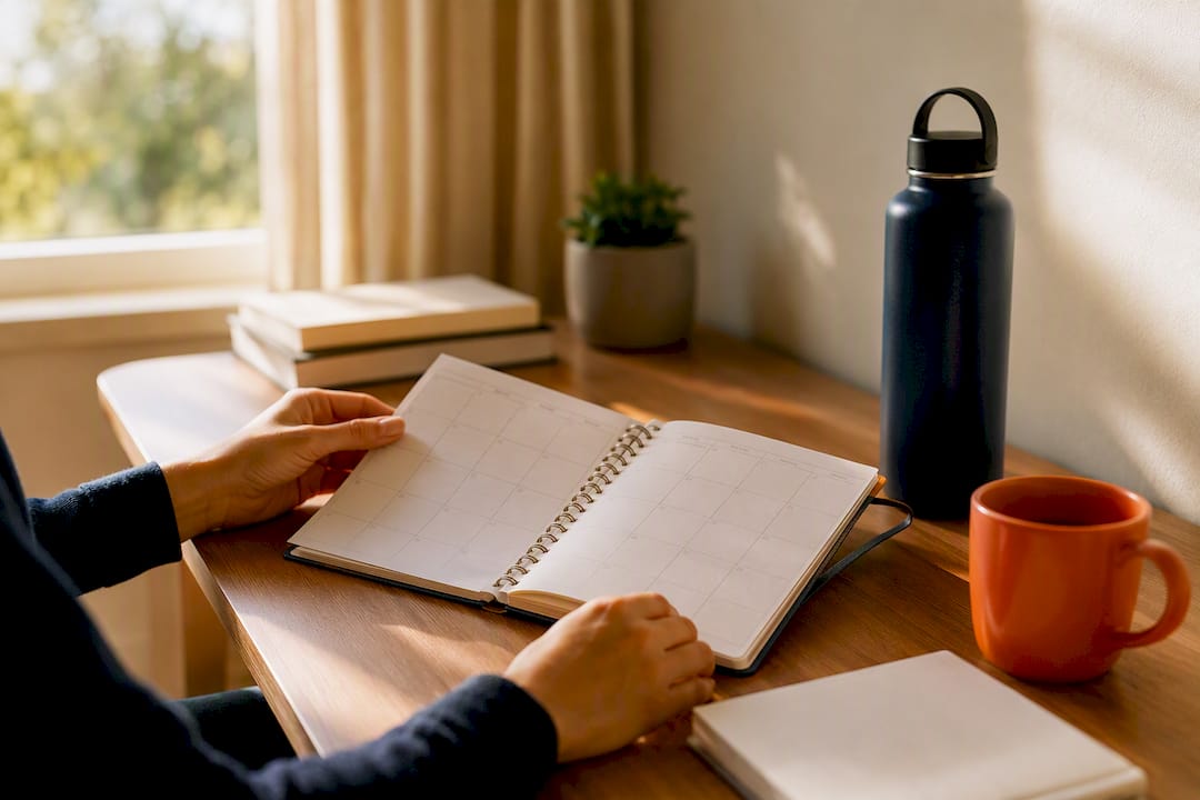 Hand adjusting study planner at home desk