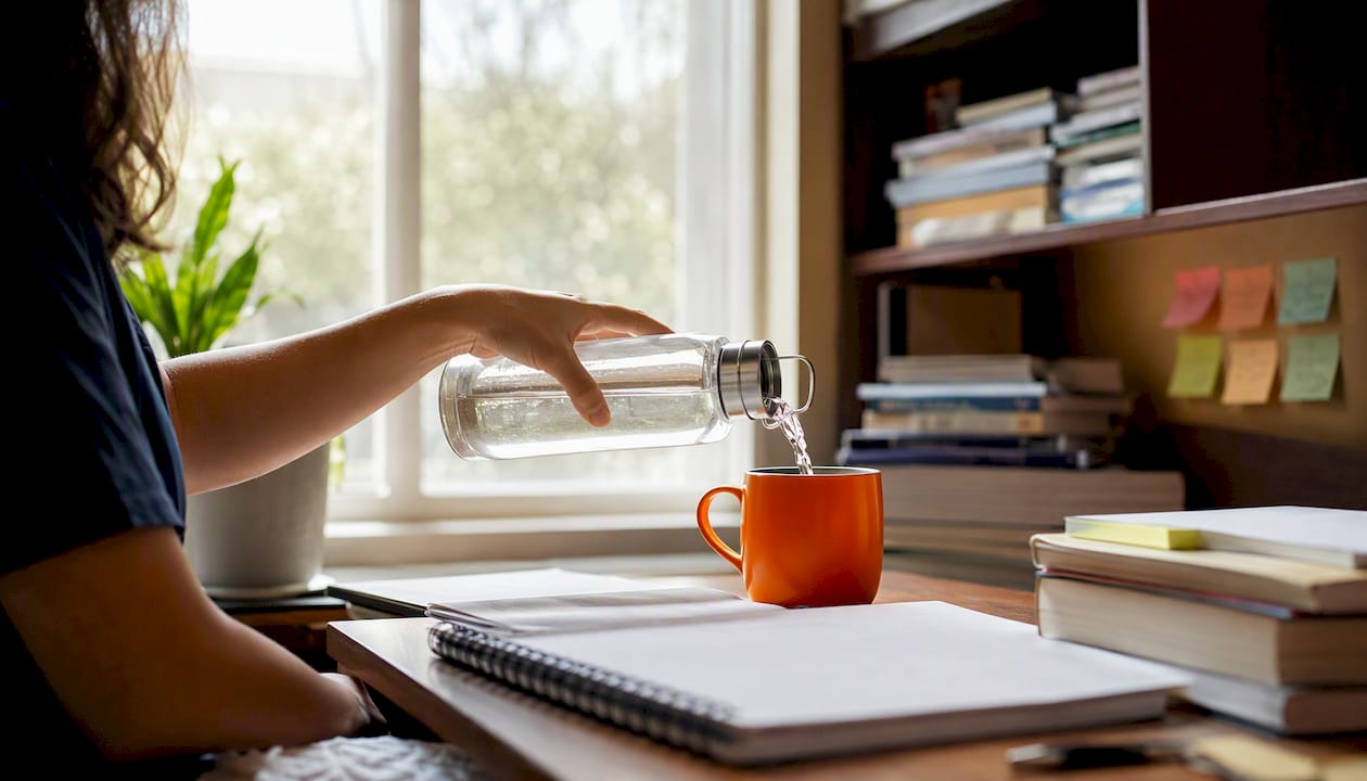 Pouring water into coffee mug at study nook