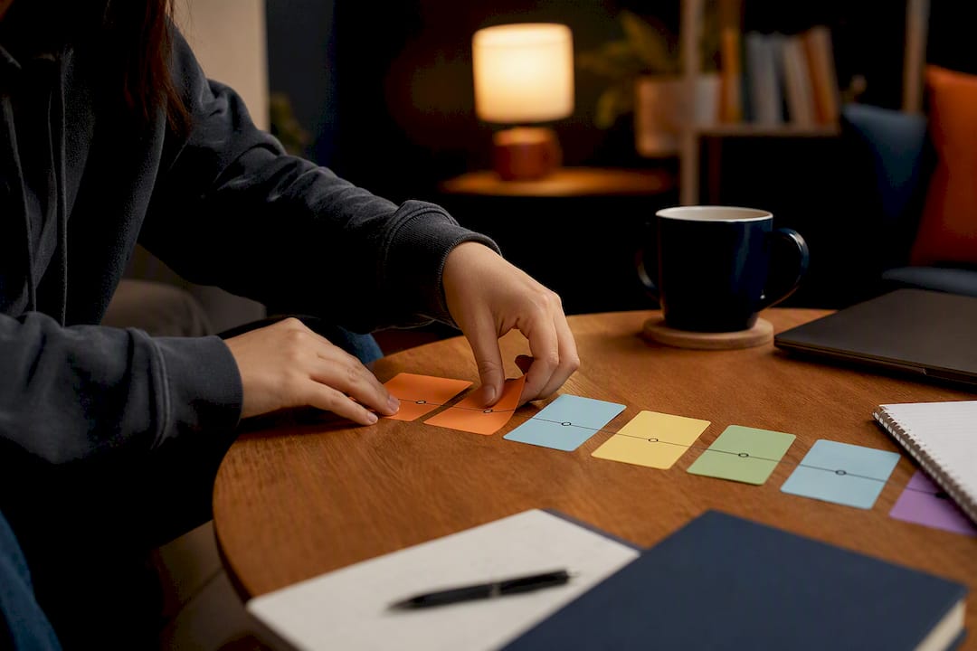 Hands arranging phased study timeline cards