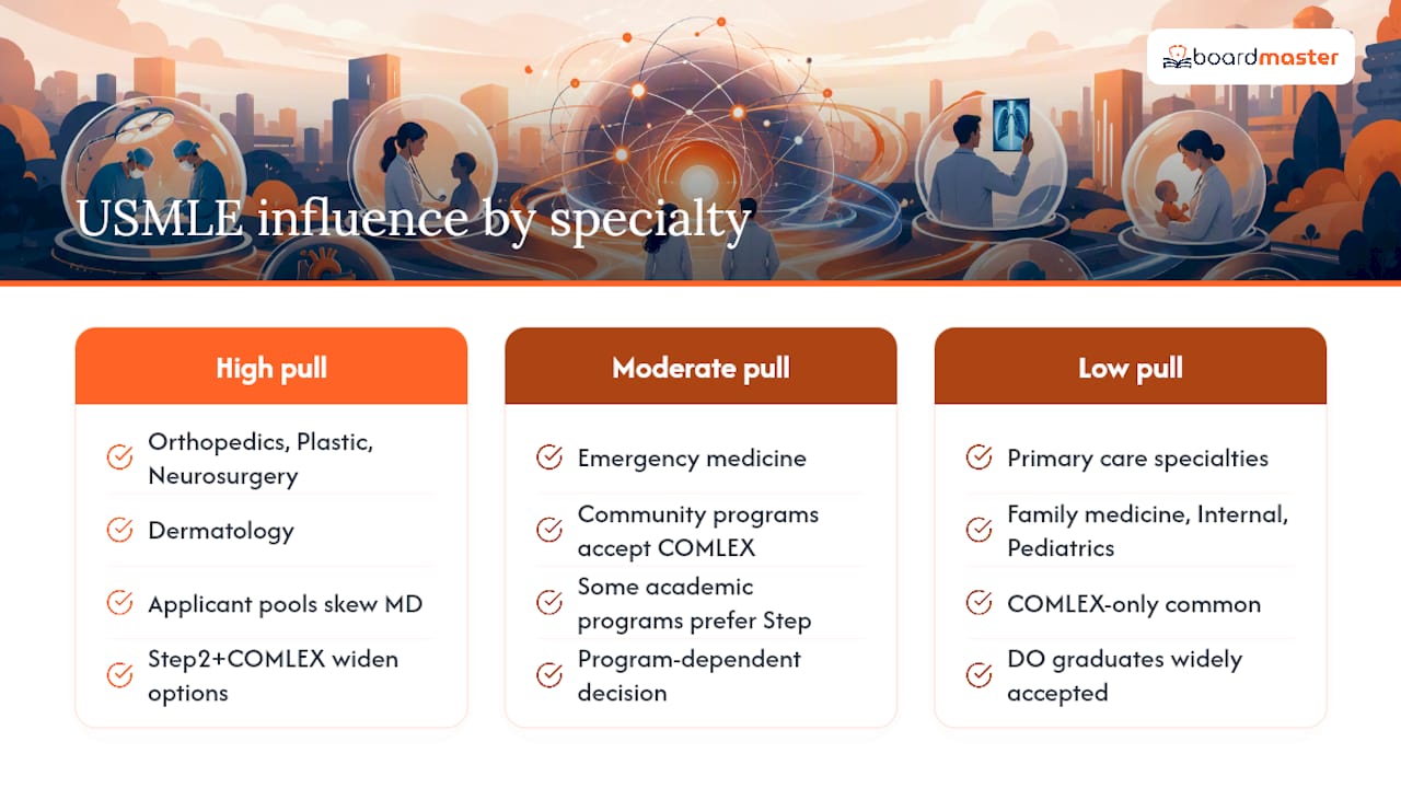 Specialty by Specialty: Where USMLE Actually Moves the Needle — overview diagram