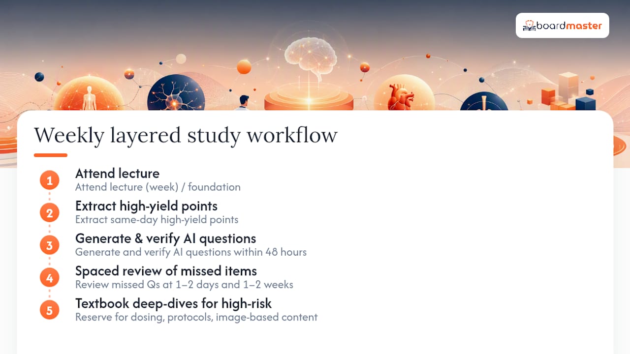 Weekly lecture-to-spaced-review study workflow