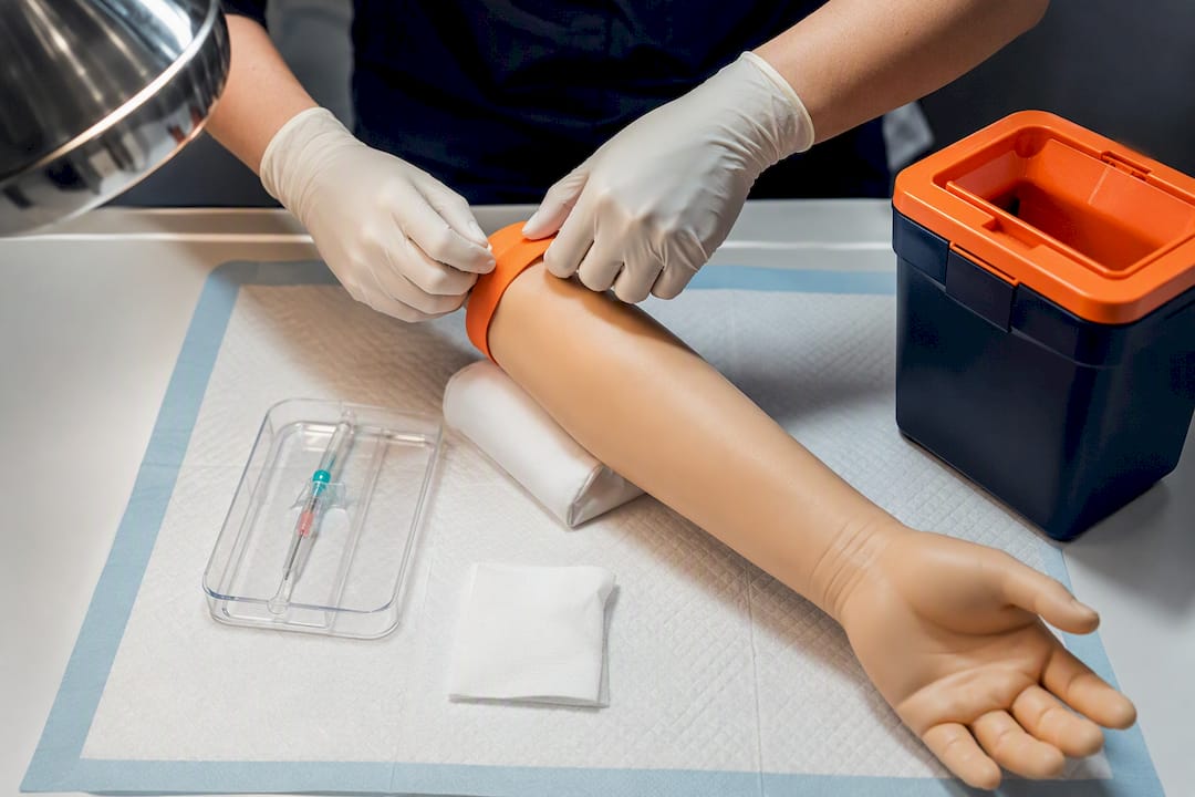 Hands practicing safe IV cannulation steps