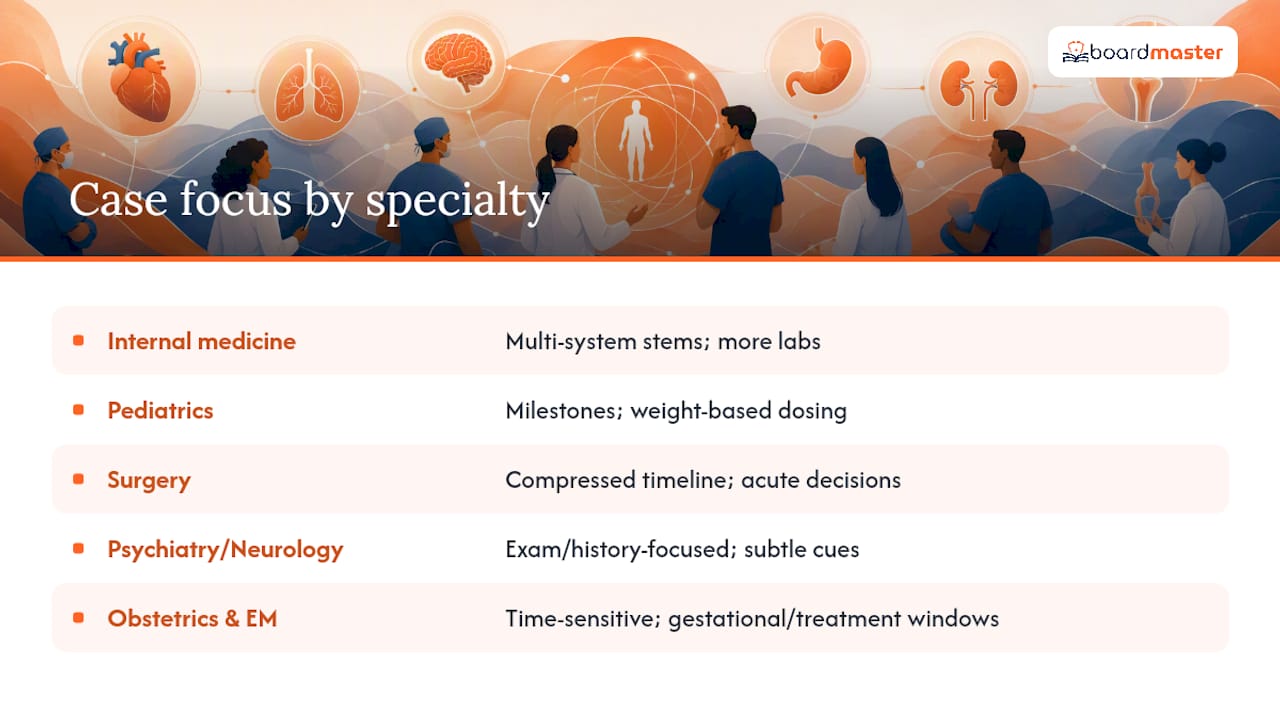 What Types of Clinical Cases Should You Practice by Specialty? — overview diagram