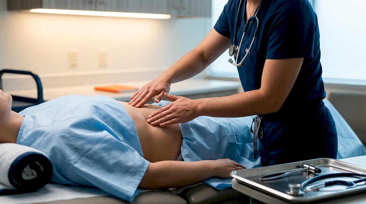 Student performing structured abdominal examination