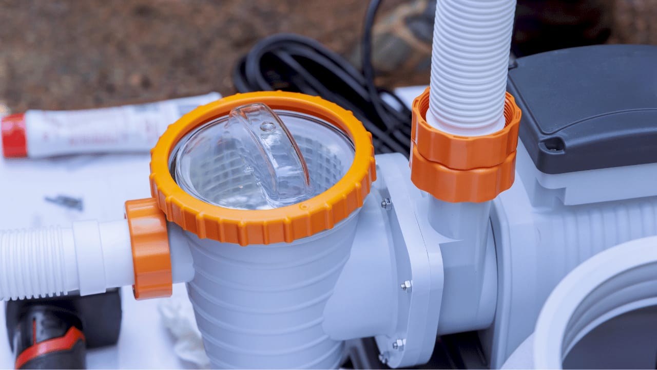 Close-up of variable-speed pool pump outdoor setup