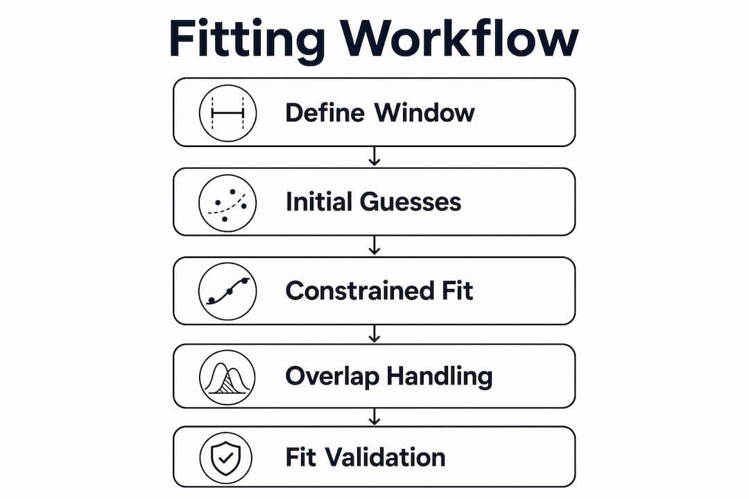 Infographic outlining asymmetric peak fitting workflow steps