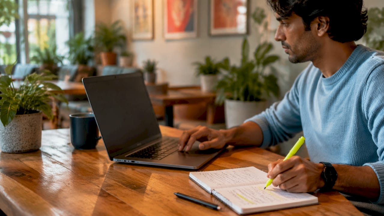 Close-up of hands analyzing MS data on laptop