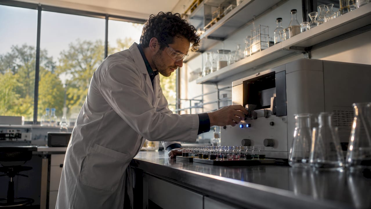 Chemist adjusting spectroscopy instrument settings