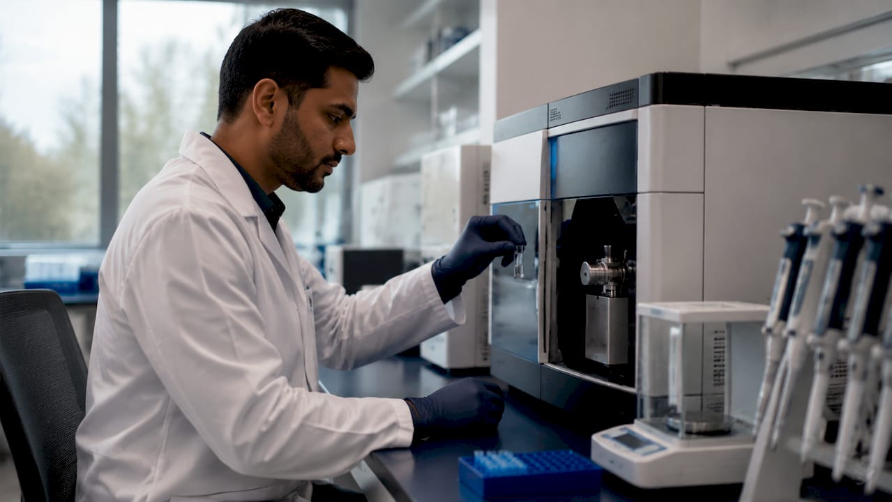 Hands preparing sample next to HRMS instrument