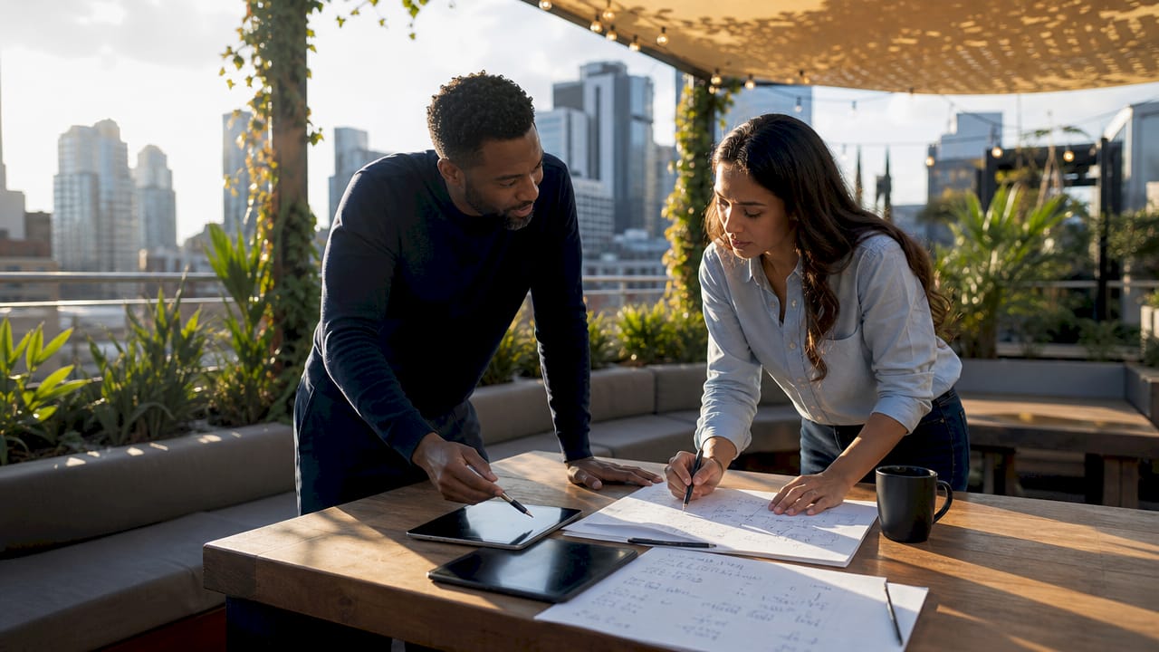 Two analysts discussing chart selection in conference room