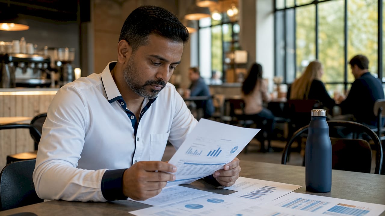 Business analyst reviewing printed data reports