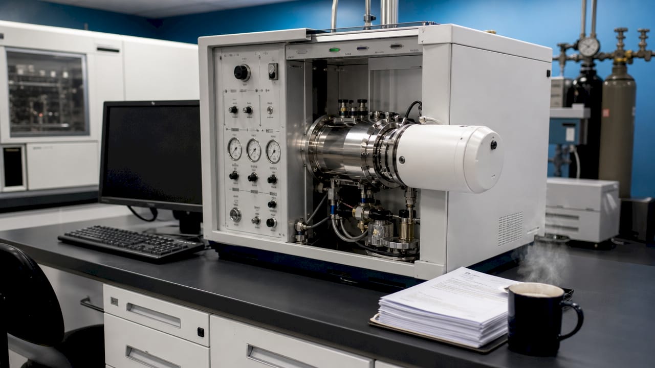 Close-up of mass spectrometer detector and instrument panel