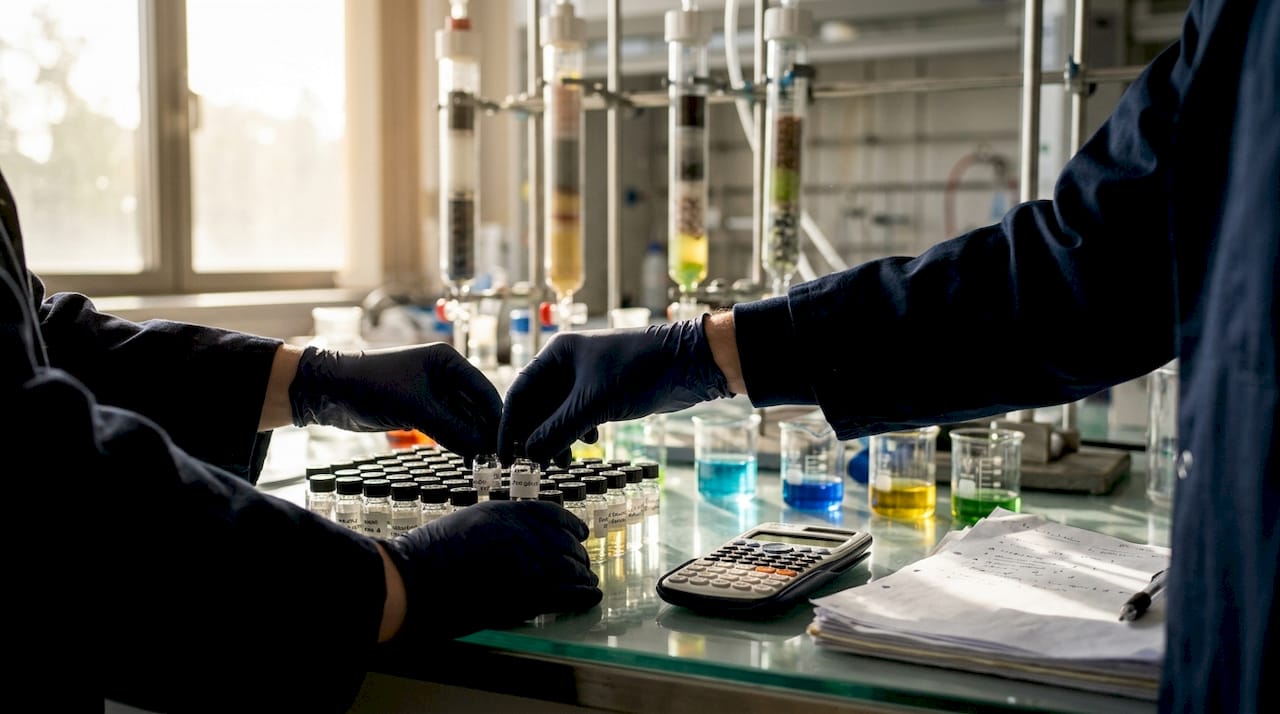Hands placing sample vials for analysis