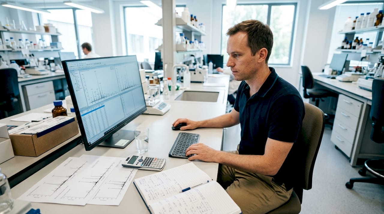 Hands analyzing mass spectrometry data charts