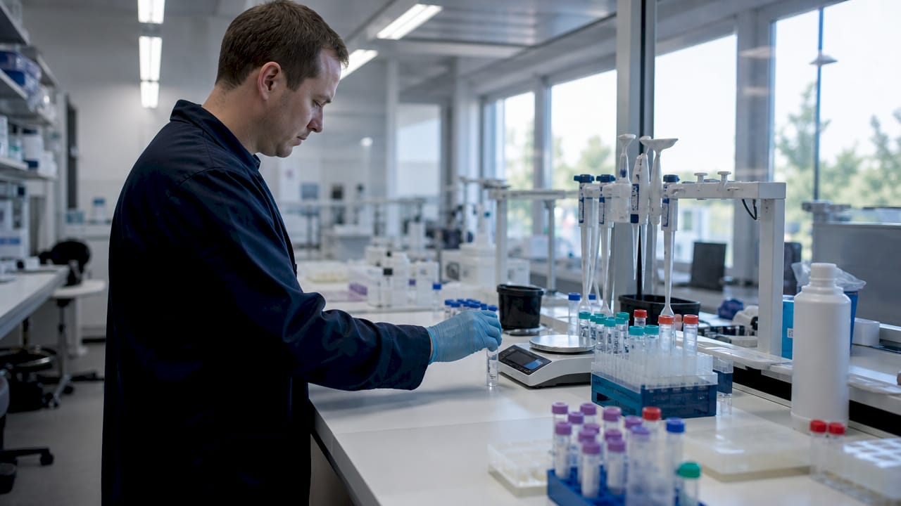 Gloved hands weighing sample vial for matrix effect compensation