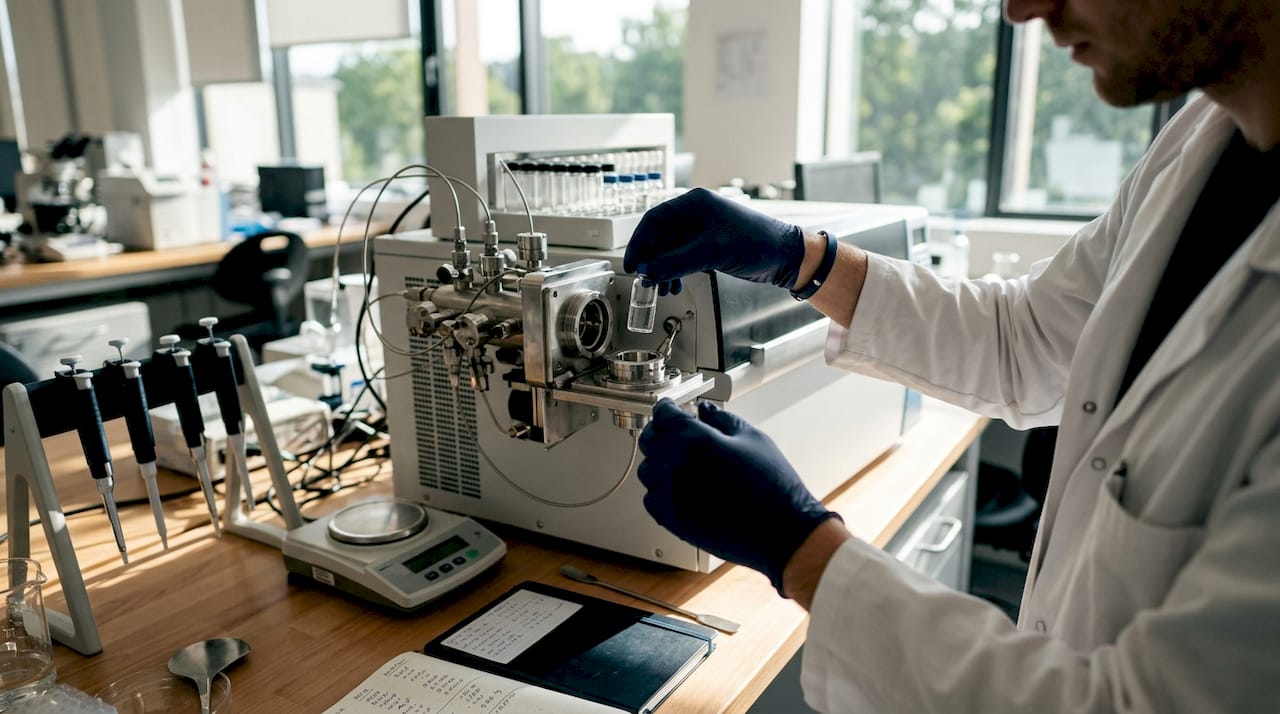 Hands preparing sample for mass spectrometry analysis