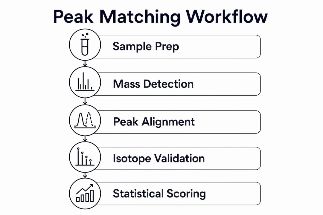 Infographic illustrating peak matching workflow steps in mass spectrometry