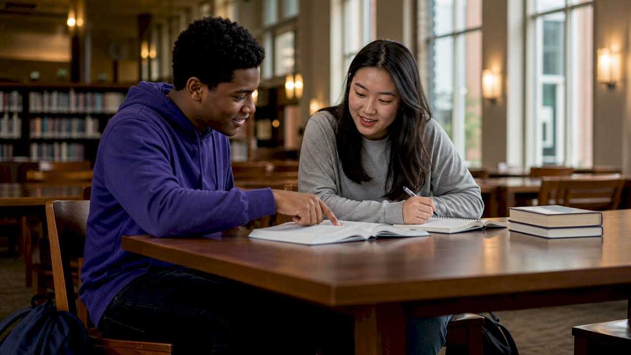 Students discussing degree planning over documents