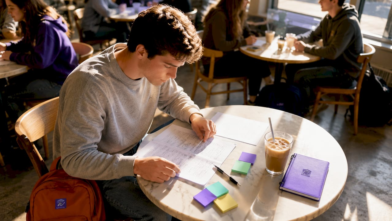 Student reviewing dual enrollment documents at home desk
