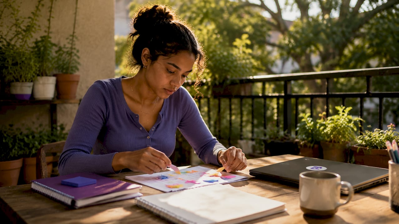Student organizing course schedules at desk