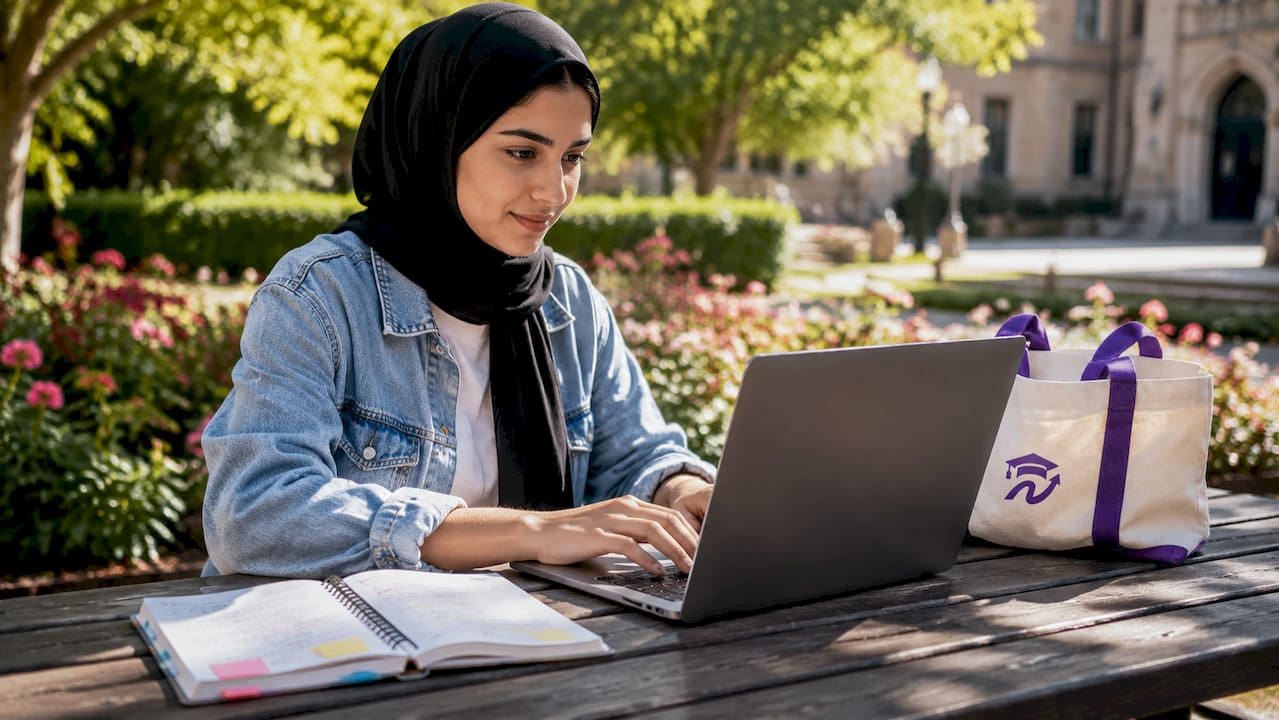 Student typing on laptop while reviewing an academic planner