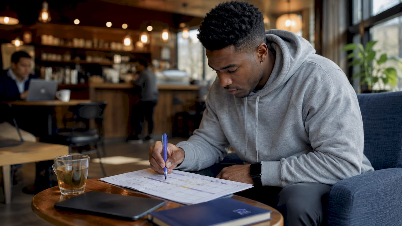 Male student organizing semester schedule on tablet in dorm room