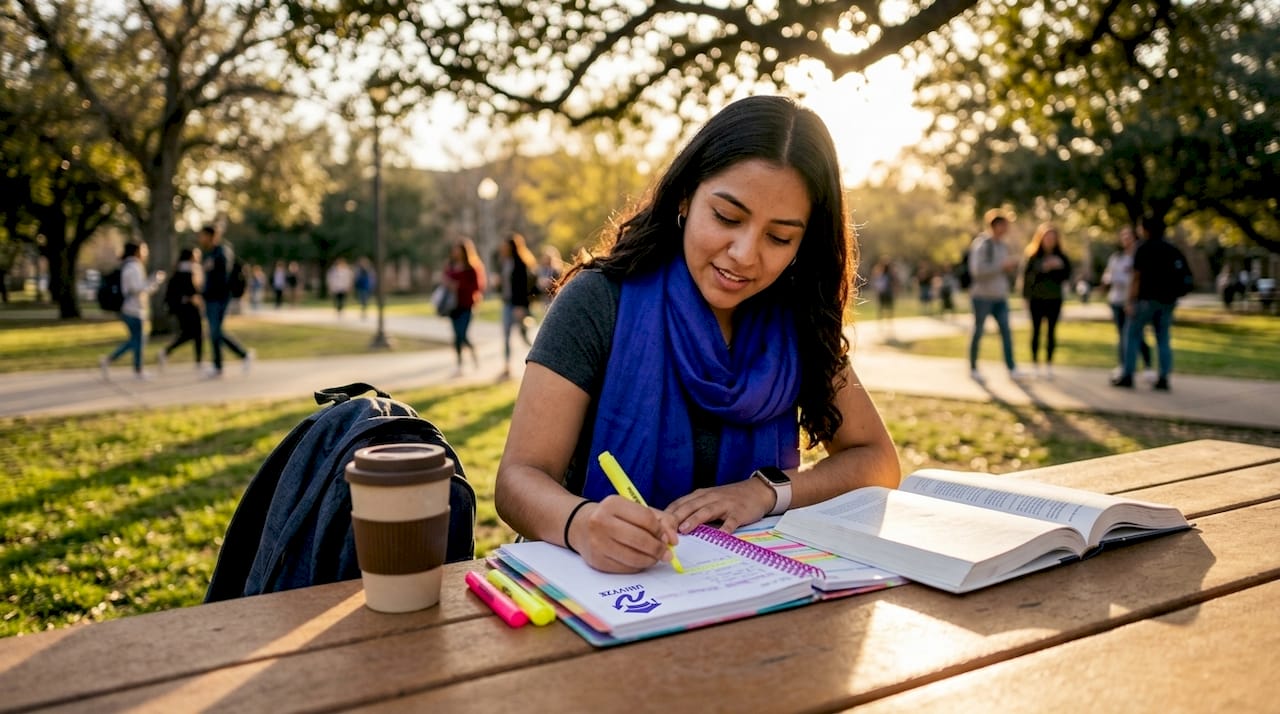Student outdoors organizing semester schedule