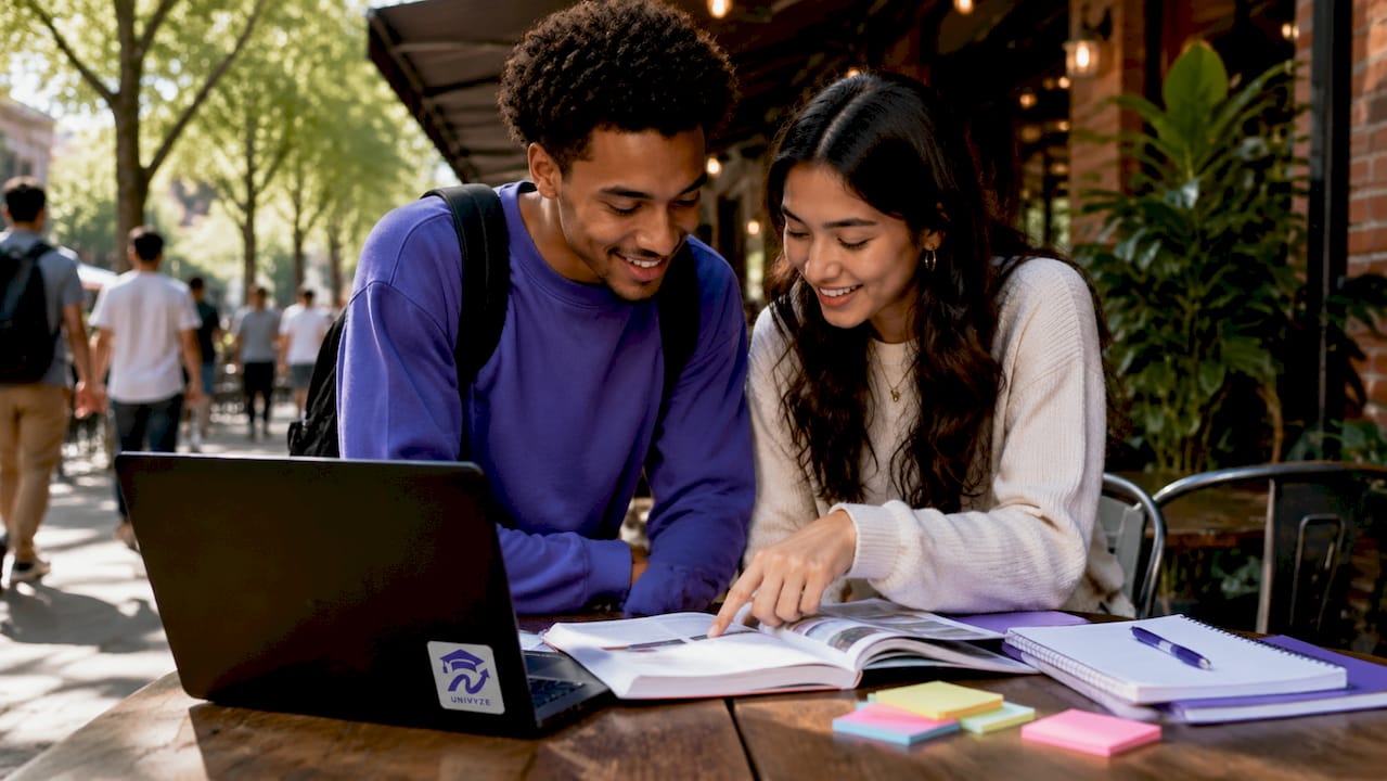 Two students planning semester schedule outdoors