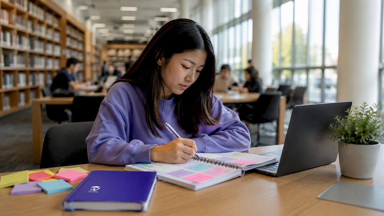 Student writing notes organizing credits at desk