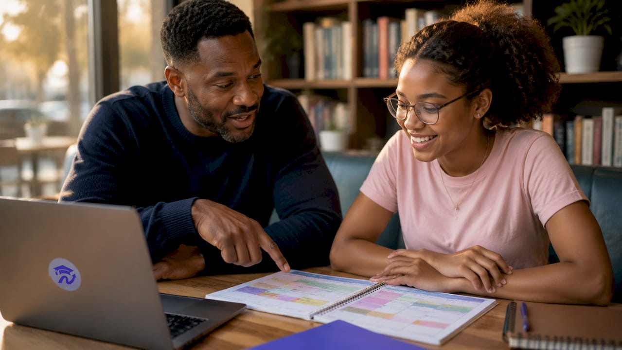 Father and daughter reviewing semester schedule at home