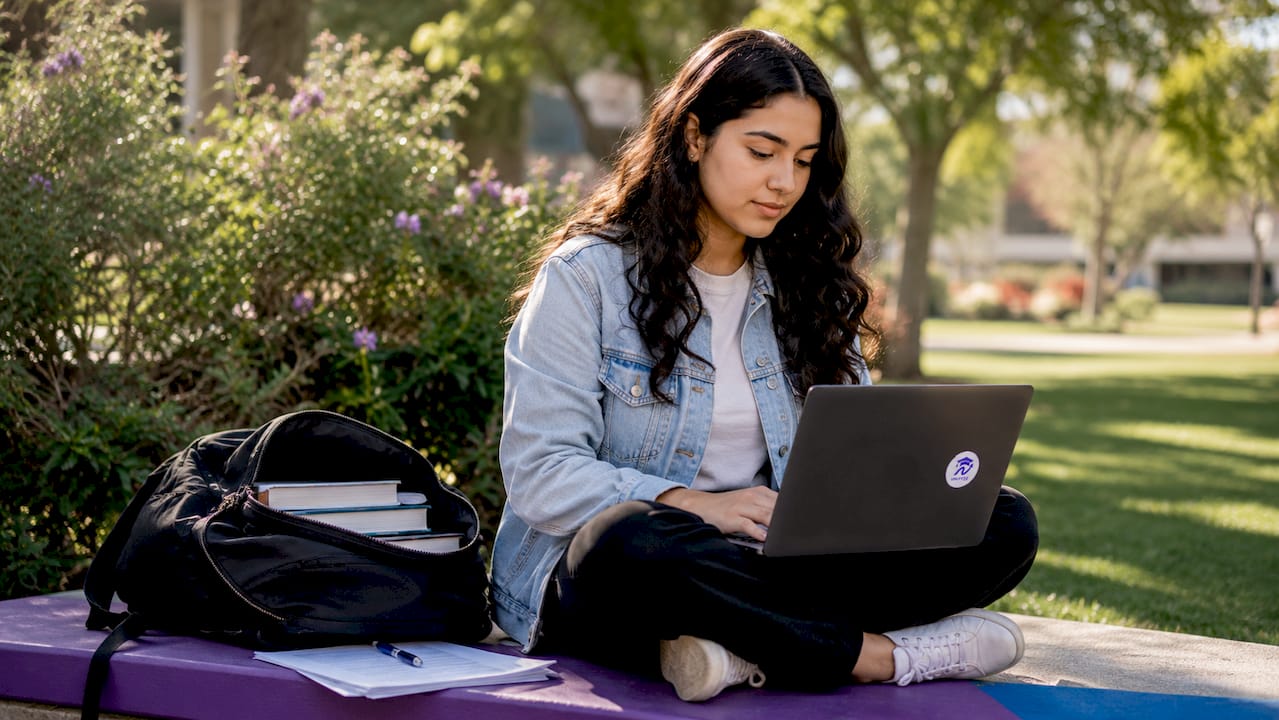 Student reviewing tuition bill outdoors