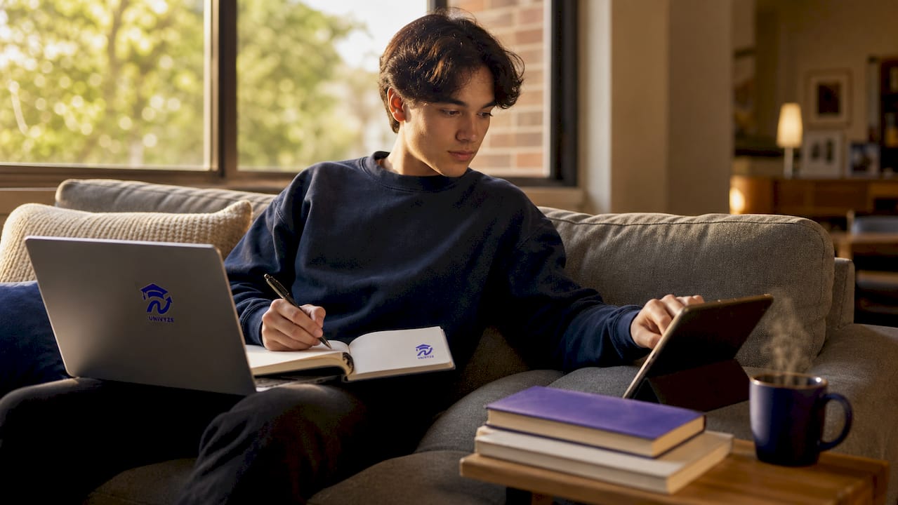 Student assessing aptitude in quiet library carrel