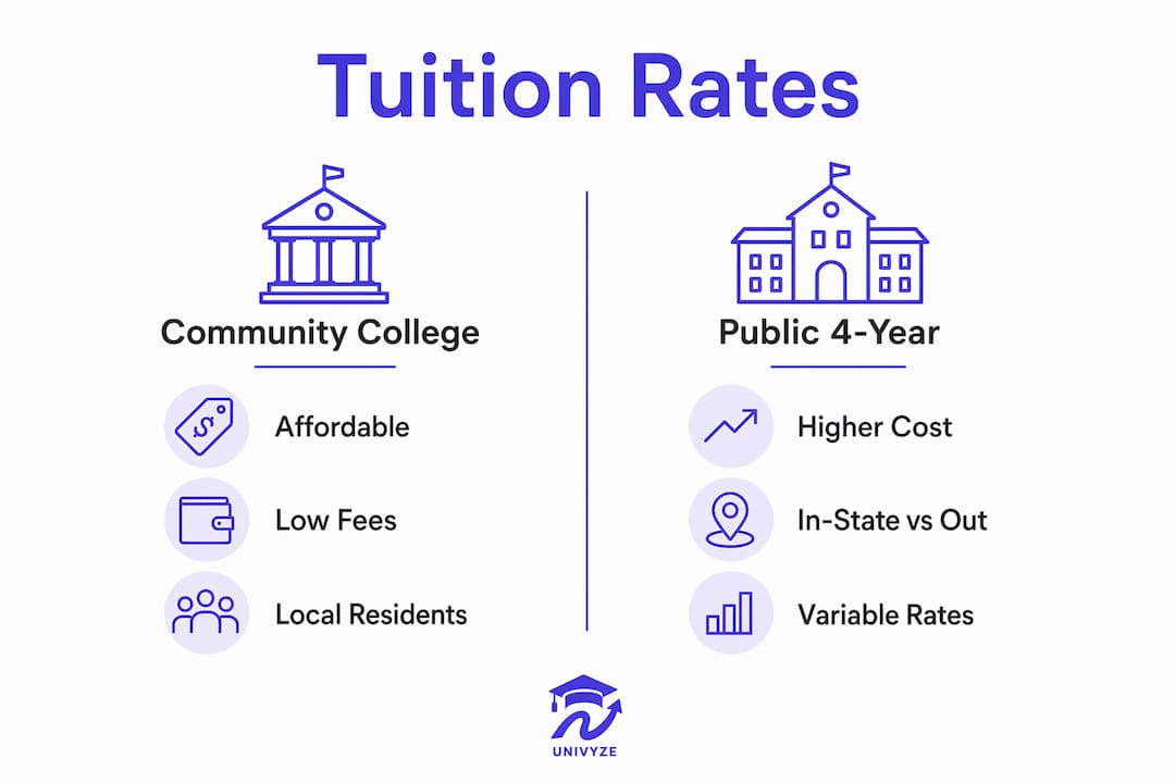 Infographic comparing community college and public university tuition rates