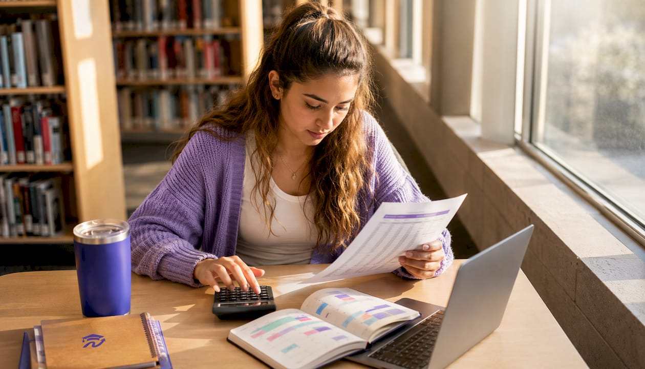 Female student reviewing tuition fees with calculator