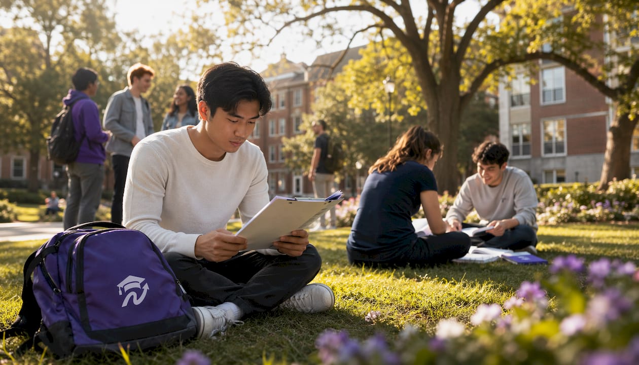 Student reviewing course listings on campus bench