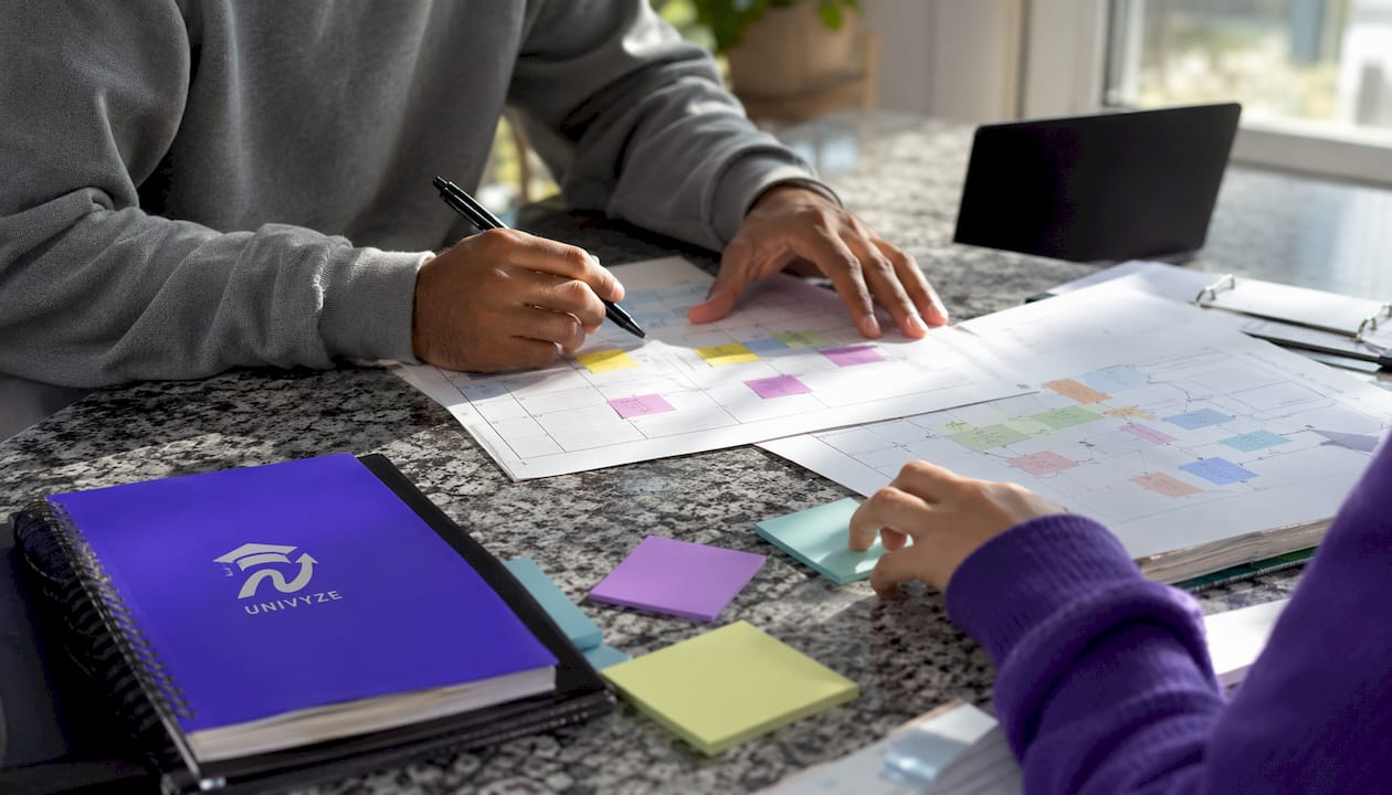 Hands organizing degree planning documents