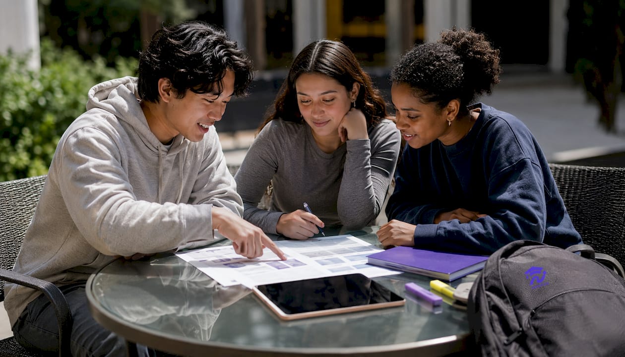 Collaborative student group reviewing degree curriculum