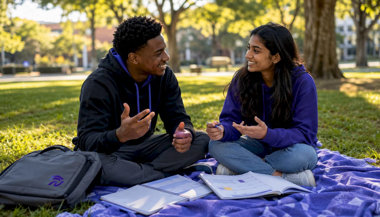 Students discussing graduation plans on campus bench