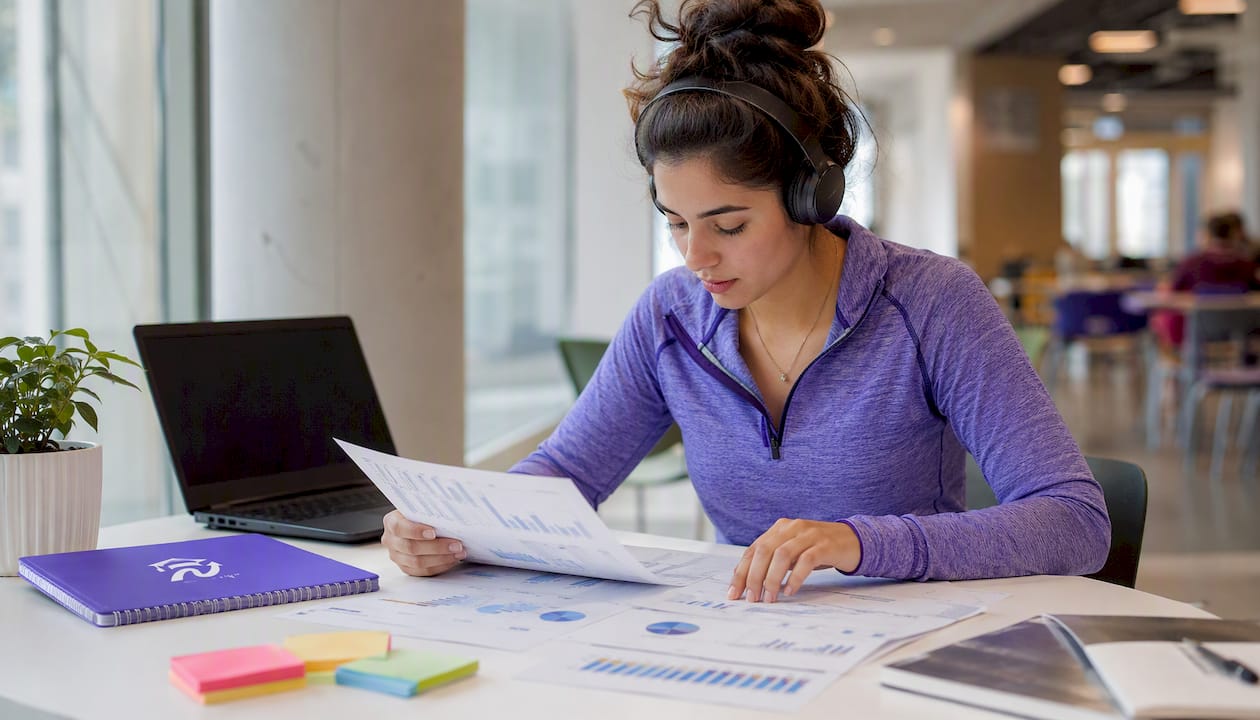 Student studying earnings data sheets