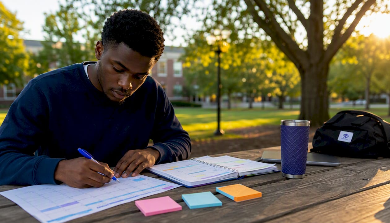 Student organizing academic year schedule in cafe